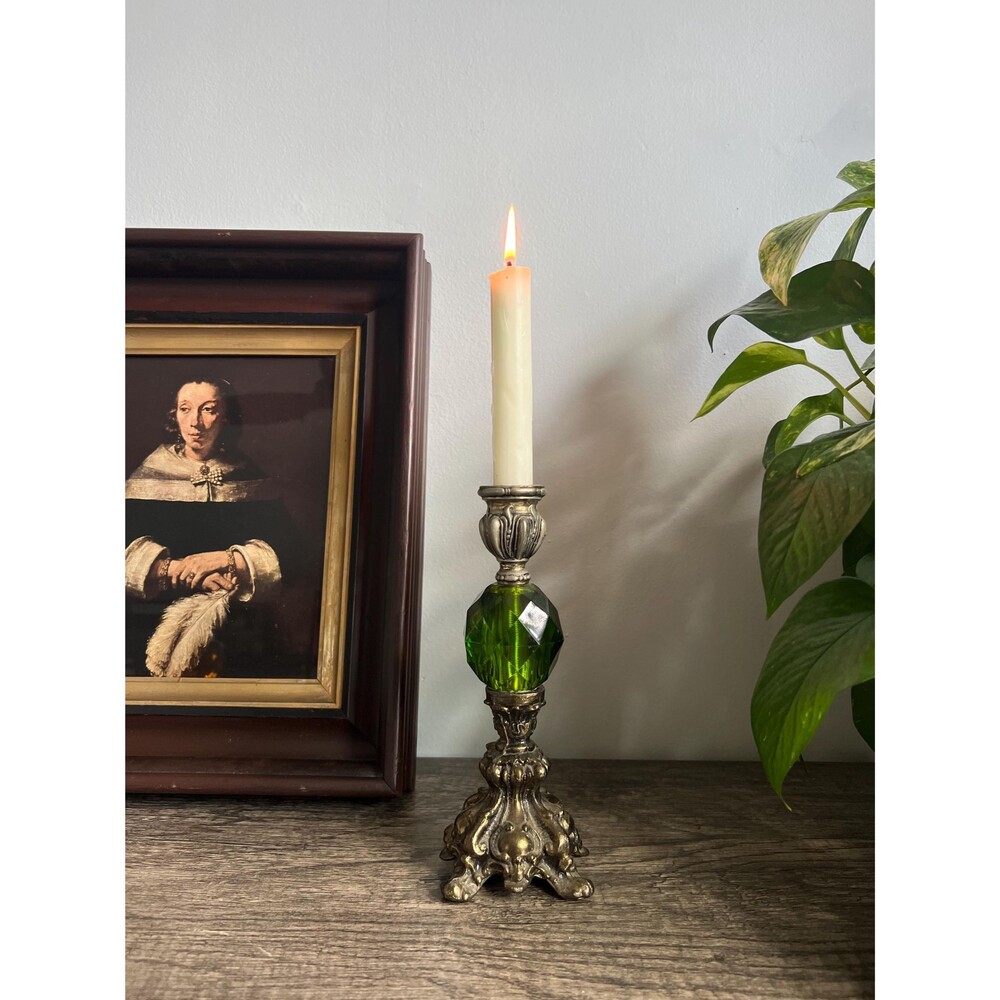 Vintage Ornate Brass and Amber Glass Candle Holder
